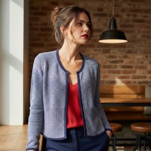 Ann Taylor Cashmere Blend Blue & White Knit Snap front Cardigan